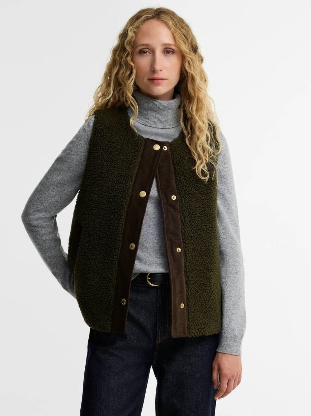 NWT Barbour Dulsie Teddy Liner Olive Green Plaid Lined Sherpa Vest